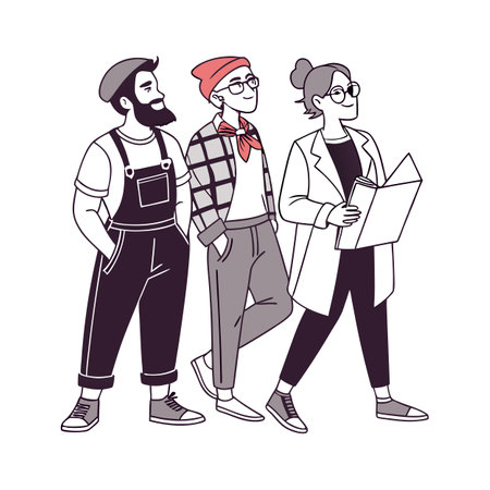 Stylish colleagues walking together in monochrome cartoon style