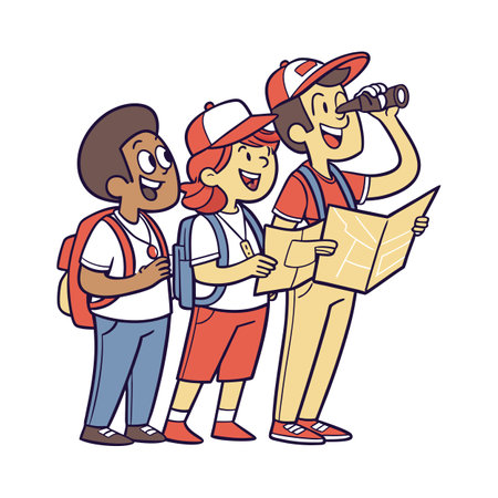 Three cartoon children exploring with map and binoculars, adventureのイラスト素材