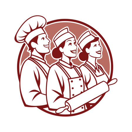 Happy bakers team in circle logo design vector illustrationのイラスト素材