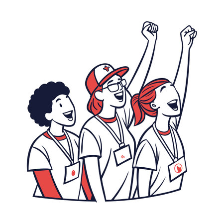 Three diverse young people celebrating, outline style illustration