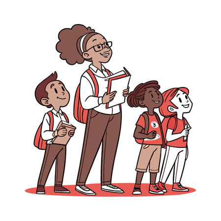 Diverse students with teacher ready for new school adventuresのイラスト素材