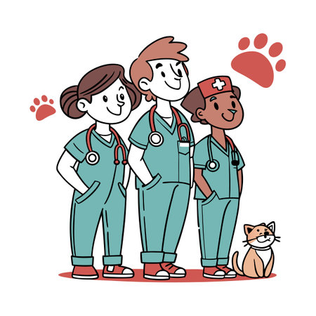 Cartoon veterinary team with a cute cat illustrationのイラスト素材