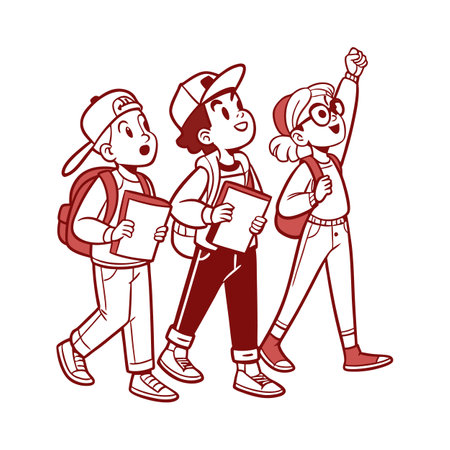 Cartoon children go to school together with enthusiasmのイラスト素材