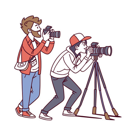 Two photographers in action taking pictures with professional equipmentのイラスト素材