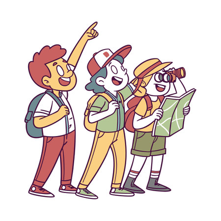 Group of cartoon hikers exploring new directions in natureのイラスト素材