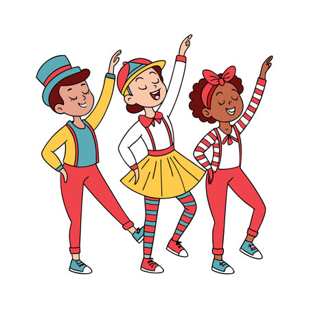Three happy children in colorful outfits dancing together onstageのイラスト素材