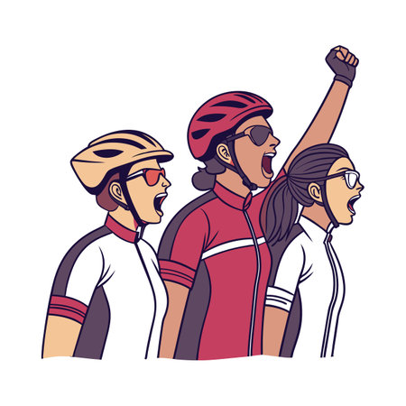 Three determined female cyclists shouting with fist raised up highのイラスト素材