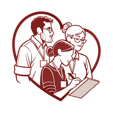 Teamwork with heart: Employees taking notes within a heart shapeのイラスト素材
