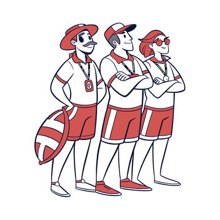 Three cartoon lifeguards standing together in red and white uniformのイラスト素材