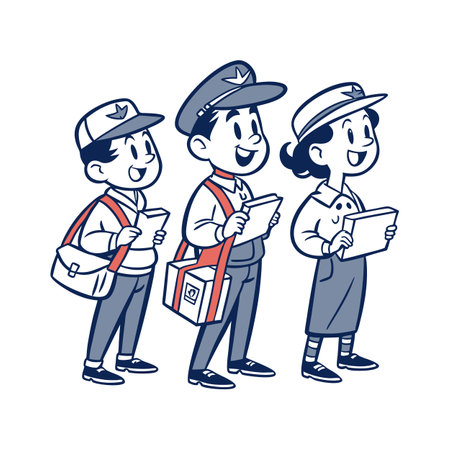 Cartoon mail carriers in blue and red delivering mailのイラスト素材