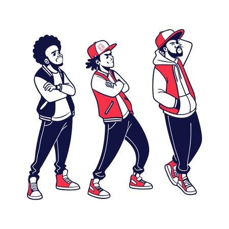 Three stylized men in urban street fashion posing confidently