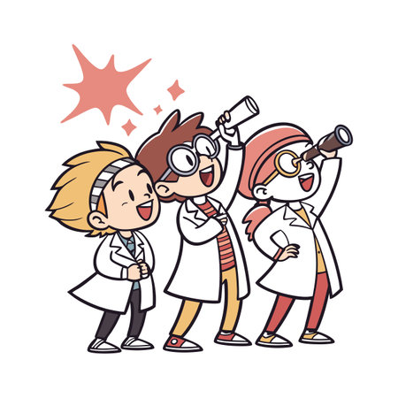 Cartoon scientists observing the future with optimism and curiosityのイラスト素材