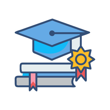 Academic achievement with graduation cap, books, and award badgeのイラスト素材