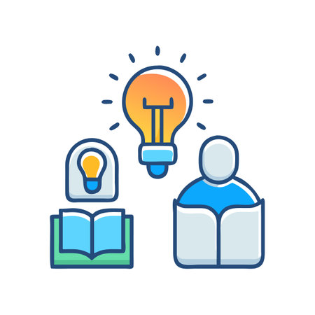 Icons of people reading books and lightbulbs appearingのイラスト素材