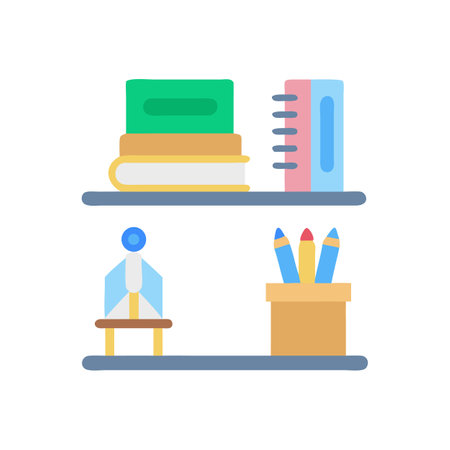 Colorful books and stationary supplies on shelving unit iconのイラスト素材