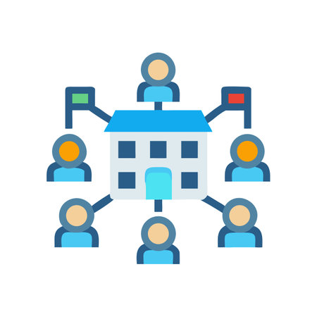 Teamwork communication around organization hub flat design illustrationのイラスト素材