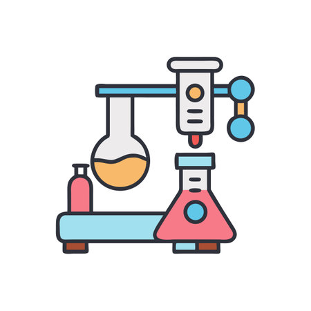 Science experiment setup with beakers, flask, and liquid transferのイラスト素材