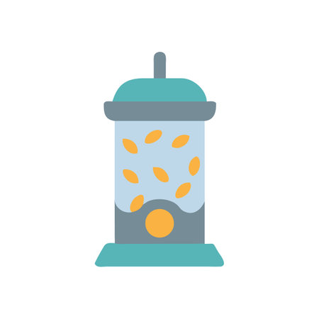 Cute bird feeder illustration in blue and orange tonesのイラスト素材