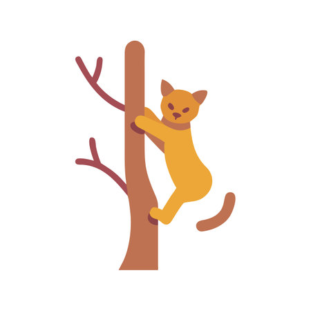 Orange cat climbing a tree trunk on black backgroundのイラスト素材