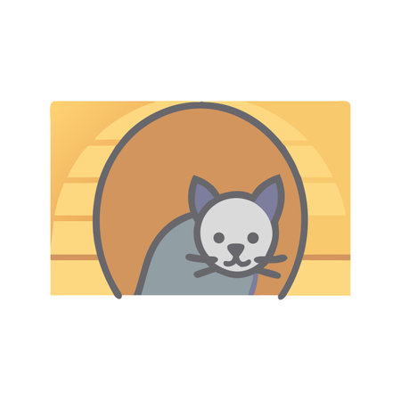 Cute cartoon cat inside a brown cat house vectorのイラスト素材