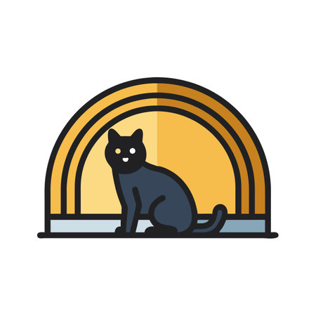 Black cat sitting in arched window illustration design graphicのイラスト素材
