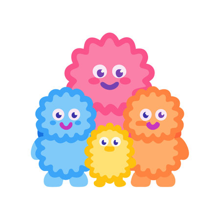 Colorful furry monster family on black background illustration imageのイラスト素材