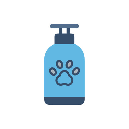 Pet shampoo bottle with paw print on a black backdropのイラスト素材