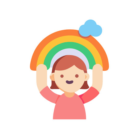 Cartoon girl holds rainbow with cloud flat vector graphicのイラスト素材