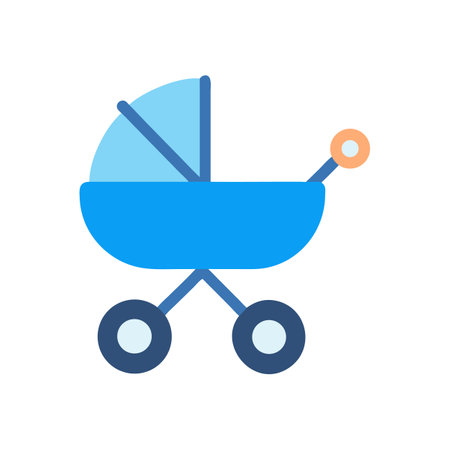 Stylized blue baby stroller icon on black background