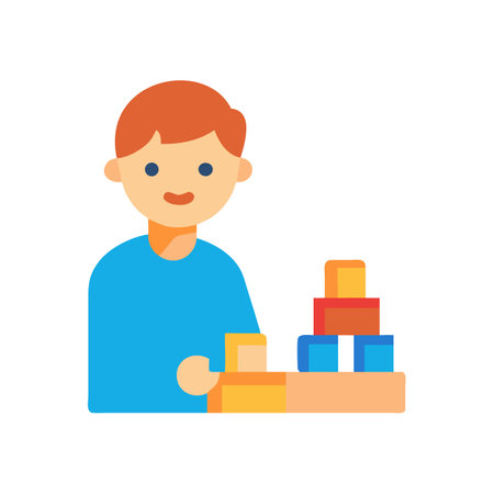 Boy building tower with colorful toy blocks flat illustrationのイラスト素材