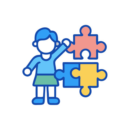 Cartoon figure completing jigsaw puzzle with vibrant color piecesのイラスト素材