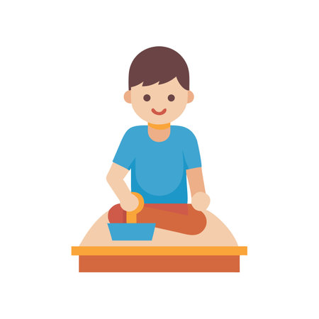 Smiling boy with dough prepares dish flat illustrationのイラスト素材