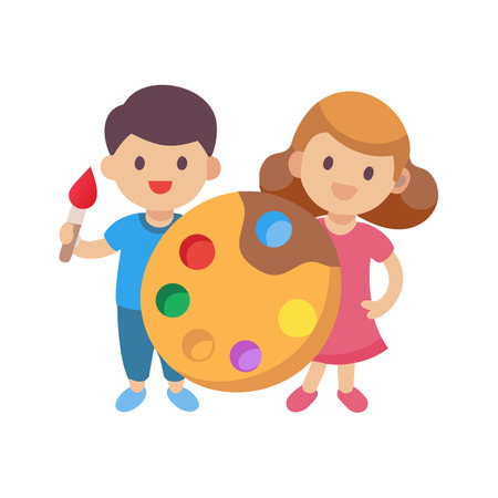 Two cartoon children with paint palette and brush illustrationのイラスト素材