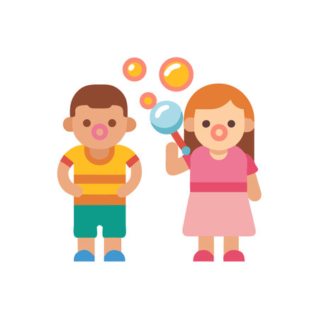 Children playing with soap bubbles in flat vector designのイラスト素材