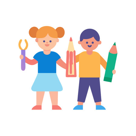 Flat design illustration: Boy and girl holding oversized pencilsのイラスト素材
