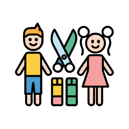 Colorful flat illustration of children, scissors, and yarnのイラスト素材