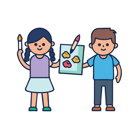 Children showing artwork using brushes and painted paperのイラスト素材