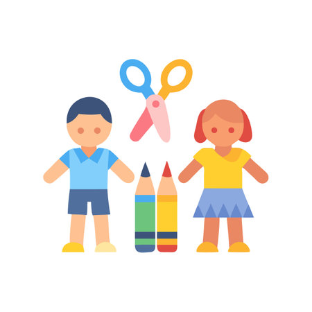Flat illustration of children, pencils, and scissors on blackのイラスト素材