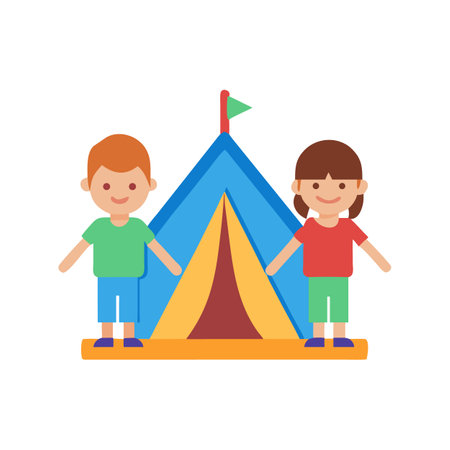Children stand before a colorful tent in flat designのイラスト素材