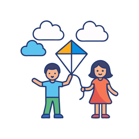 Boy and girl flying a kite on a sunny dayのイラスト素材