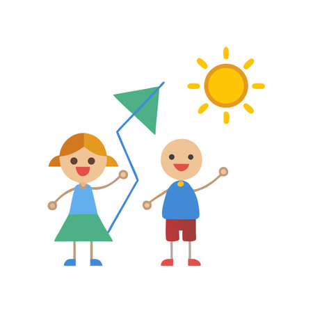 Children Flying a Kite on a Sunny Summer Dayのイラスト素材