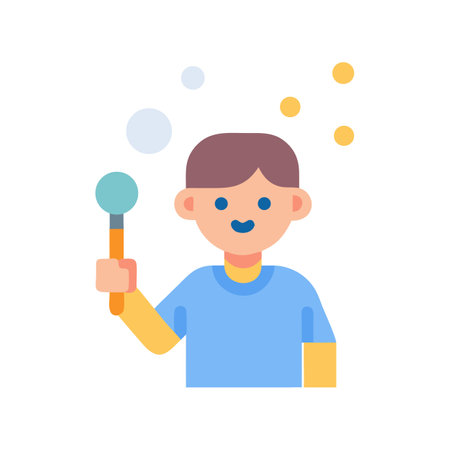 Boy blowing bubbles with a wand cartoon illustration designのイラスト素材
