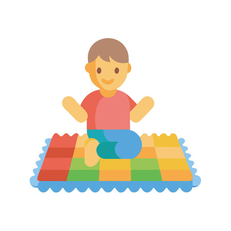 Cartoon child sits cross-legged on a colorful blanketのイラスト素材