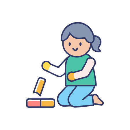 Child plays with building blocks isolated on black backgroundのイラスト素材