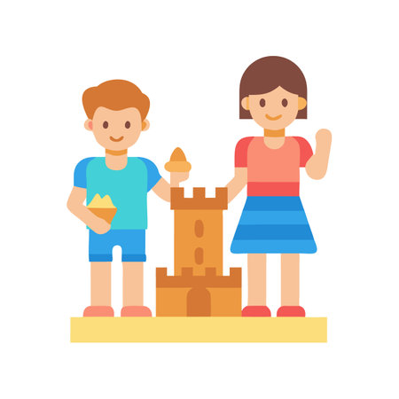 Children building a sandcastle at the beach simple illustrationのイラスト素材