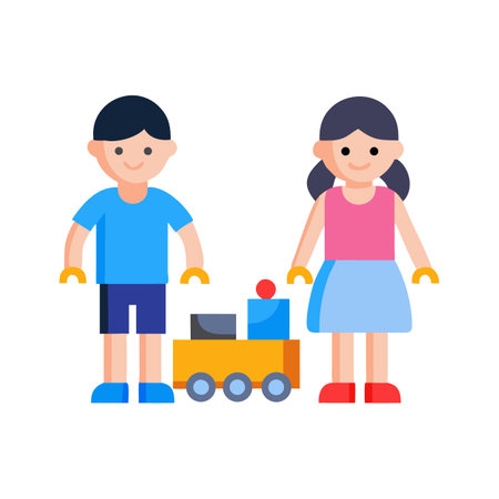 Boy and girl playing with a toy train togetherのイラスト素材