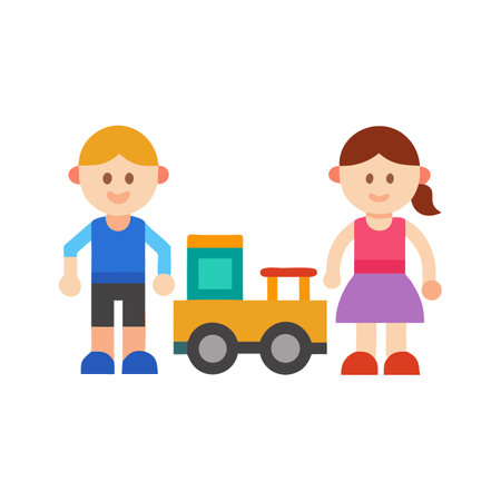 Children with a toy train in simple graphic styleのイラスト素材