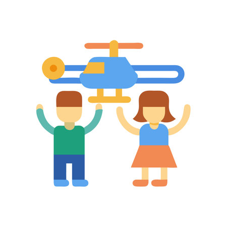 Cheerful kids holding up cartoon helicopter on black backgroundのイラスト素材