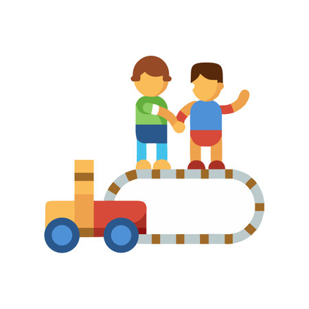 Stylized image of two friends on toy train platformのイラスト素材
