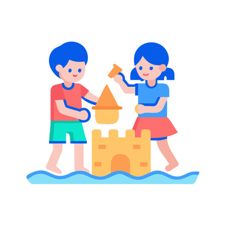Children building sandcastle on beach flat vector illustrationのイラスト素材